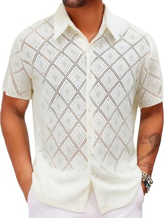 Чоловіча сорочка SOOUICKER з мереживом, коротким рукавом, прозора, в стилі vintage, для відпочинку та вечірок, біла