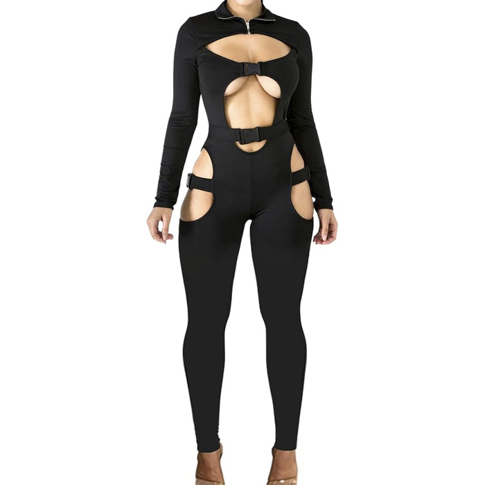 Комбінезон жіночий Sedmoda чорний з довгим рукавом, облягаючий з пряжкою