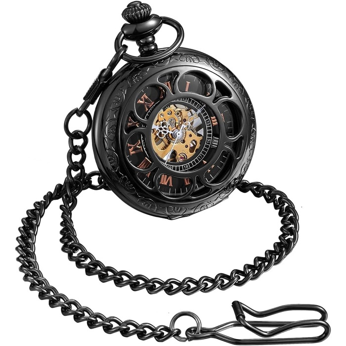 Чоловічий кишеньковий годинник ShoppeWatch з ланцюжком, механічний з ручним заводом, вінтажний стиль стімпанк (чорний)
