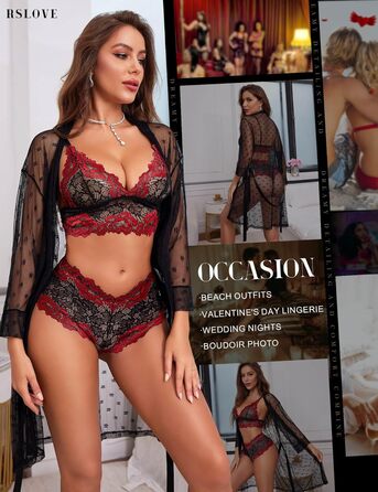 RSLOVE Комплект сексуальної білизни 3 частини: мереживний кімоно, бюстгальтер та труси (S, чорний, червоний)