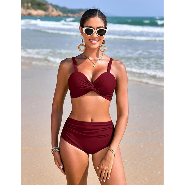 БІКІНІ ЖІНОЧИЙ ДВОШТУЧНИЙ З ВИСОКОЮ ТАЛІЄЮ, ПУШ-АП, З V-ПОДІБНИМ ВИГІНОМ, БУРГУНДІ, M