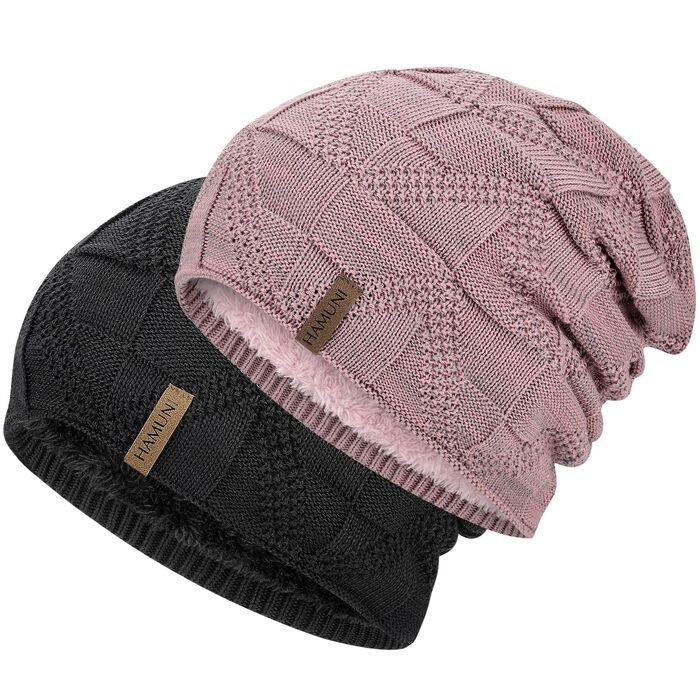 В'язана шапка-біні HAMUNI унісекс, дихаюча шапка Slouch Beanie для жінок та чоловіків (Чорний + Рожевий)