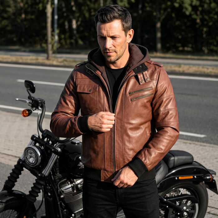 Чоловіча шкіряна куртка Leatherick Premium з натурального ягнячого хутра, з відстібним капюшоном та 7 кишенями, коричнева, розмір XXL