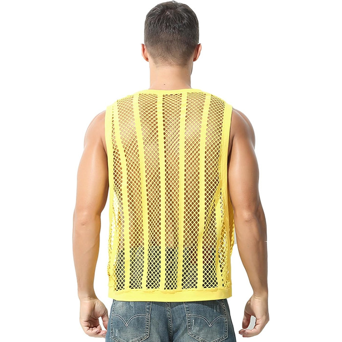 Чоловіча майка з сіткою, без рукавів, з принтом 'риба', прозора, біла (XL, жовта)