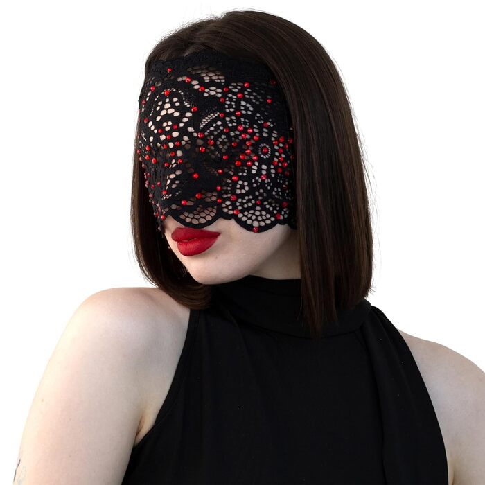 Чорна маска на обличчя з мереживом та стразами для жінок, елегантна венеціанська маска для карнавалу, Хелловіну, косплею, вечірок у костюмах (чорний з червоними стразами)