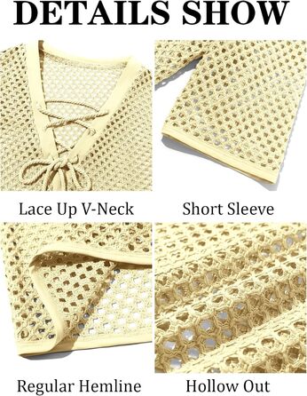 Чоловіча пляжна сорочка Runcati з шнурівкою, V-подібний виріз, в'язана, мереживна, прозора, літня (Бежевий, M)