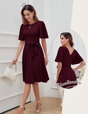Сукня коктейльна Bbonlinedress жіноча з коротким рукавом, довжини міді, бордового кольору з поясом, для вечірок та весіль