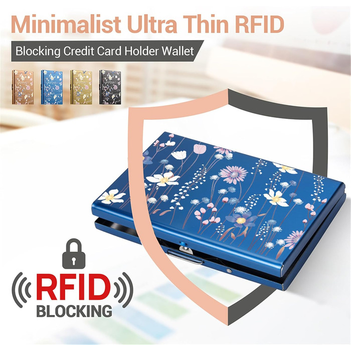 Стильний металевий картхолдер з RFID-захистом від скімінгу, ультратонкий гаманець для карт на 6 слотів, синій з квітковим принтом, унісекс