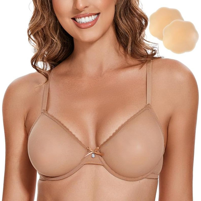 Жіночий бюстгальтер Wingslove з кісточками, мереживний, прозорий, без пуш-ап, з силіконовими накладками на соски (75D, Коричневий)