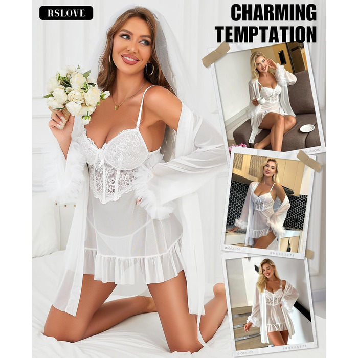 RSLOVE Сексуальна білизна комплект для жінок - мереживна нічна сорочка-бабідол з халатом, 2-х частинний набір, нічна сорочка (XL, Білий)