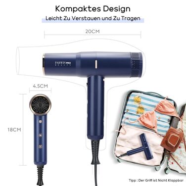 Професійний іонний фен для волосся PARWIN PRO BEAUTY: безщітковий мотор 110,000 RPM, магнітний дифузор, LCD-дисплей, низький рівень шуму, для дому та салонів (Rose Blue)