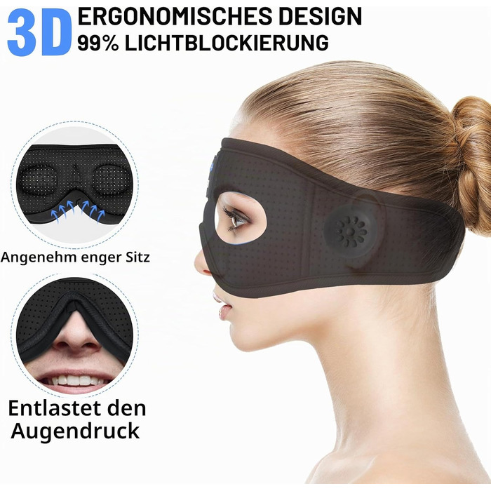 Маска для сну з Bluetooth-навушниками 3D, бездротові навушники для сну v5.4, дихаюча пов'язка для людей, що сплять на боці, для подорожей, йоги та медитації, миюча