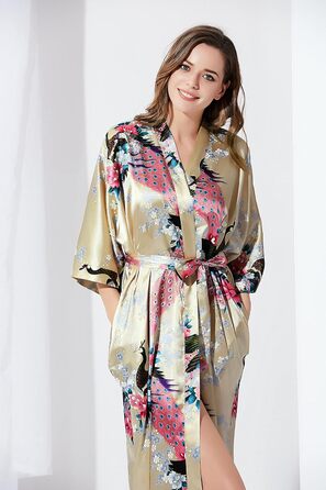 Халат жіночий BABEYOND з принтом павича, довгий, шовковий сатин, кімоно, для дому та відпочинку