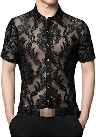 Прозора сорочка для чоловіків Bollrllr з мереживом, 2XL | Сорочка з прозорим мереживом для вечірок