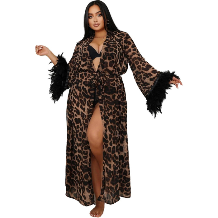 Халат жіночий сексуальний з леопардовим принтом, з пір'ям та мереживом, довгий, великі розміри, для дому, нічна сорочка, бандаж, нічна сукня, халат з поясом, XXL