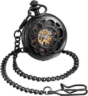 Чоловічий кишеньковий годинник ShoppeWatch з ланцюжком, механічний з ручним заводом, вінтажний стиль стімпанк (чорний)