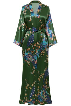 Халат жіночий шовковий, максі, літній, з квітковим принтом, кімоно, довгий, для дому, вечірки, універсальний розмір, бронзово-зелений