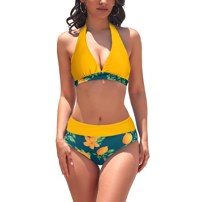 Жіночий купальник бікіні Damen Triangel Yellow Lemon з квітковим малюнком та шнурівкою
