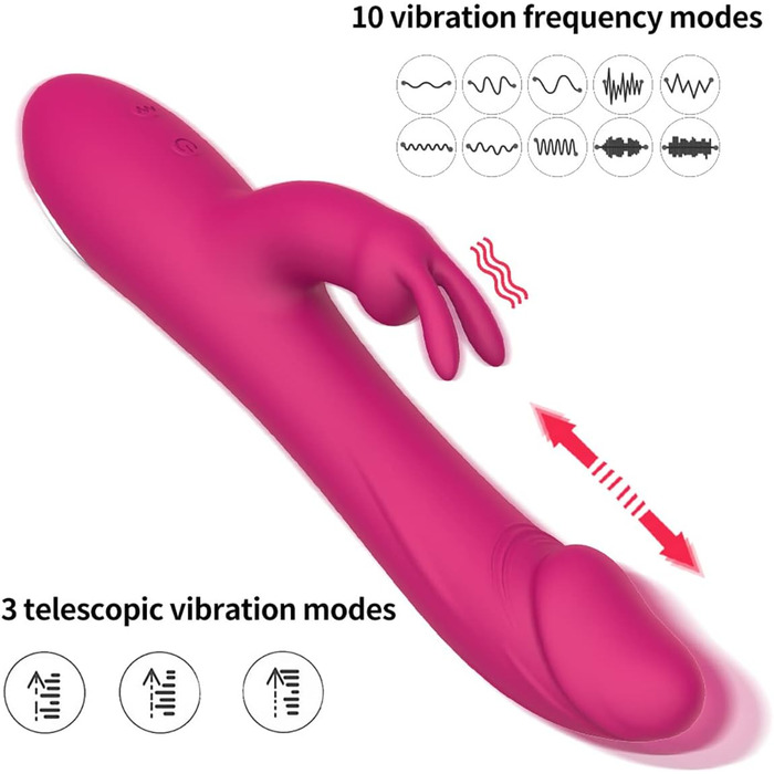 Масажер силіконовий для тіла та інтимної зони, вібраційний, 10 режимів, 3 функції, Rabbit Dildo, для жінок та пар (фіолетовий)