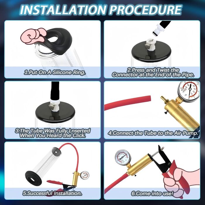 Пумпа для збільшення пеніса: ручна вакуумна помпа з манометром та 6 кільцями, для чоловіків