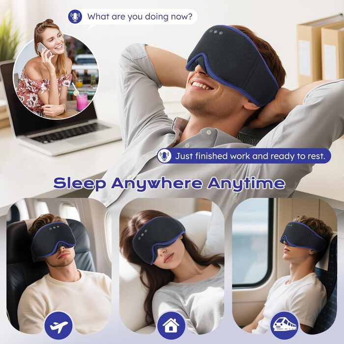 Маска для сну з Bluetooth-навушниками LC-dolida V5.4, дихаюча 3D маска для очей з мікрофоном, бавовняна мийна пов'язка для сну, подорожей та медитації (Ultramarin)