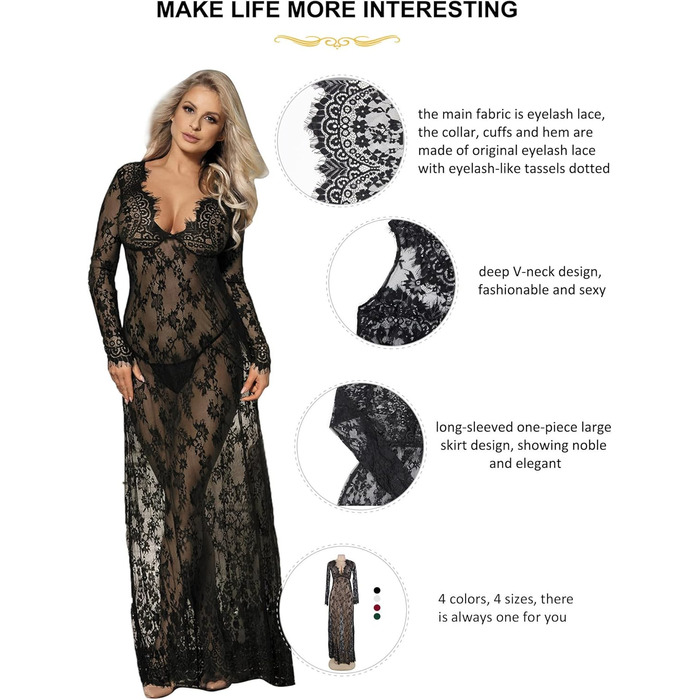 Сукня жіноча сексуальна з мереживом, довга, з довгим рукавом, V-подібний виріз, прозора, для вагітних, з G-стрінгом, M-L, чорна