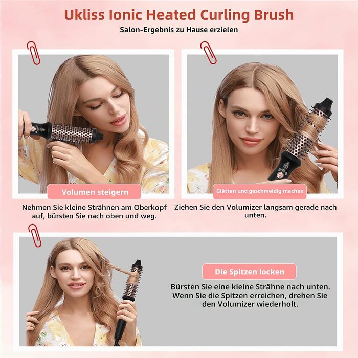 Мультифункціональний стайлер для волосся 6 в 1 UKLISS Air Styler Set: фен-щітка, локатор, випрямляч та дифузор, 1000 Вт, LCD-дисплей, колір Rose Gold