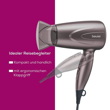 Складаний дорожній фен для волосся Beurer HC 25 з іонізацією, 1300 Вт, з функцією підлаштування напруги (110-240 В)