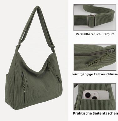 Жіноча сумка-шопер Cord Tote Bag: велика сумка через плече та хобо для школи та роботи, вельветова сумка з регульованим ременем (один розмір, зелена)