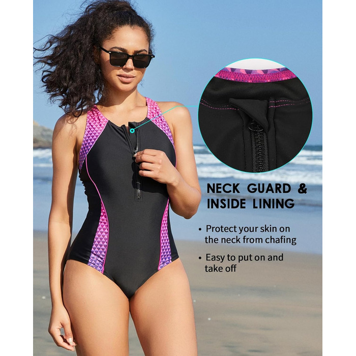 Купальник жіночий Charmo Sport з животом, закритий на блискавку, з чашками, чорний/фіолетовий (S)