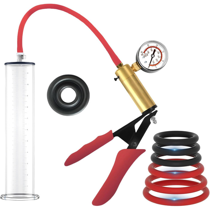 Пумпа для збільшення пеніса: ручна вакуумна помпа з манометром та 6 кільцями, для чоловіків