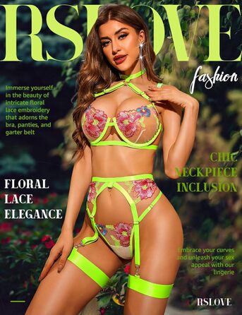 RSLOVE Комплекти нижньої білизни для жінок - Сексуальна спідня білизна з бретелями, мереживна піжама, комплект бюстгальтера та трусів з стрічкою (XL, Флуоресцентний зелений)