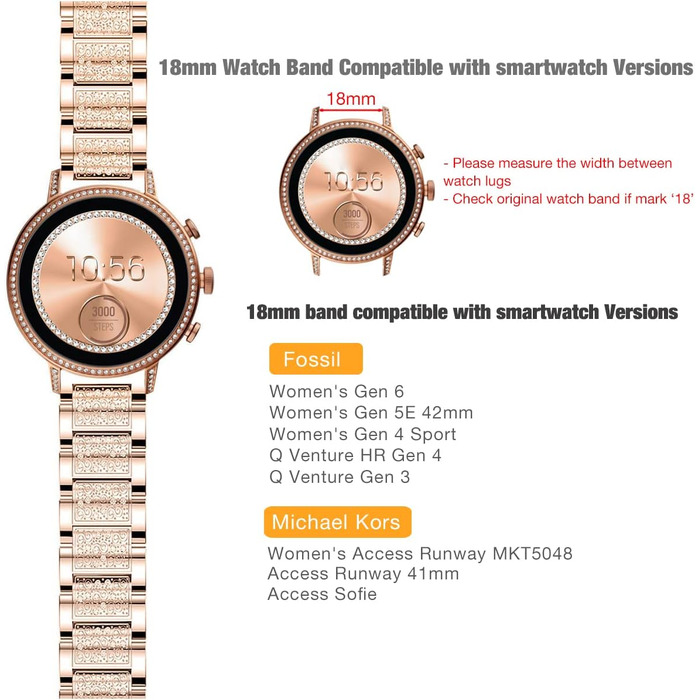 Металевий ремінець Abanen для годинників Fossil Gen 5 42mm та Gen 6 (жіночий), 18 мм, з кристалами та швидким замком, сумісний з Fossil Q Venture 3/4 покоління, колір: спорт червоне золото