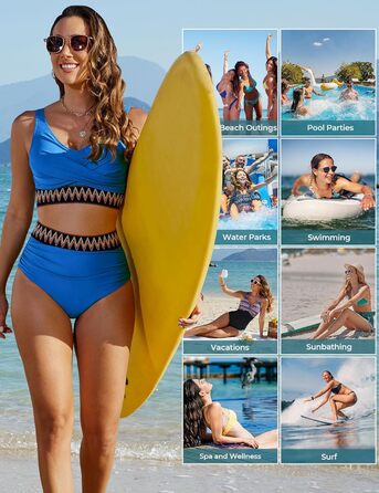 БІКІНІ Дамський Набір з Високою Талією, Бандо, Роздільний, Сексуальний V-Подібний Виріз, Пуш-Ап, Кольоровий Полосатий, Пляжний, Великі Розміри (Темно-синій, XL)