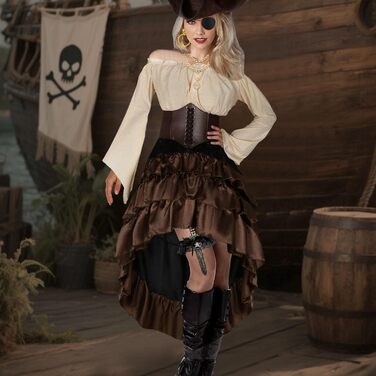 Костюм пірата для хлопчика: корсет у стилі Ренесансу, спідниця стимпанк, топ, аксесуари пірата, повний комплект для Хелловіну (M, Коричневий)