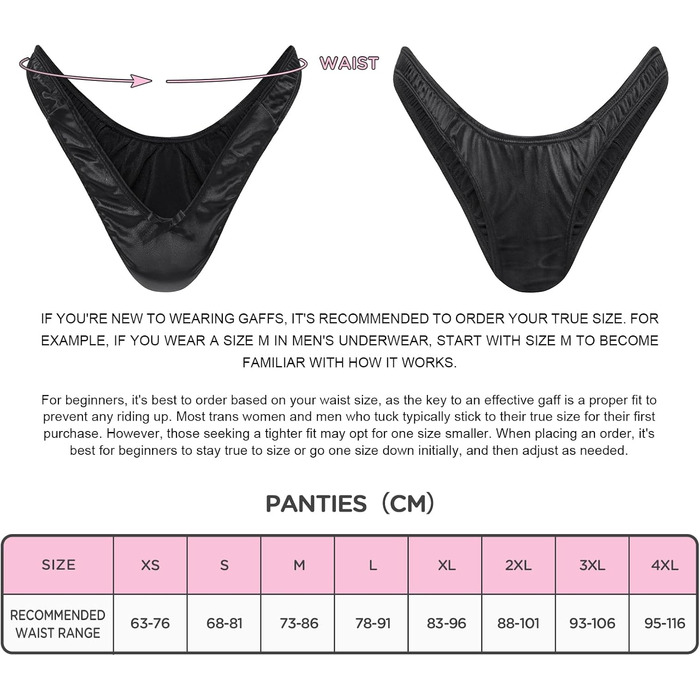 Танга-шорти LittleForBig з прихованим гафелем, гладкі шовкові, чорні - для кросдресерів та трансгендерних осіб