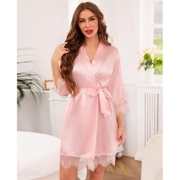 Халат жіночий Lovasy Satin з короткими рукавами, стиль кімоно, мереживо, рожевий для вечірки, весілля, піжами