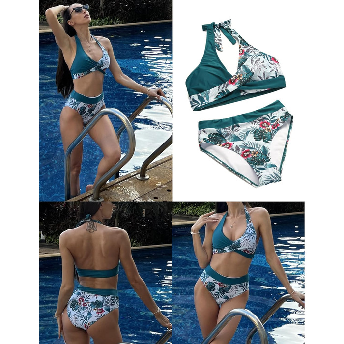 Бікіні Ecouaer для жінок, комплект двочастинний з високою талією, корегуючий животик, купальник з зав'язками на шиї, S-XXL XL, зелений