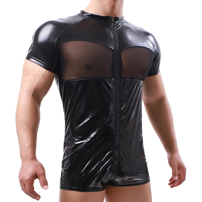 Чоловічий боді QiaTi з короткими шортами, блискавкою та штучною шкірою, з двома кишенями, чорний (M)