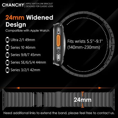 Металевий ремінець CHANCHY для Apple Watch Ultra 3/2/1, Series 11/10/9/8/7/6/5/4/3/2/1, SE — сталевий браслет (чорний, 42/44/45/46/49 мм)