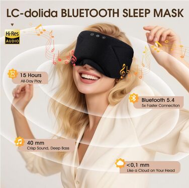 Bluetooth маска для сну з навушниками LC-dolida, повна блокування світла (Blackout), м'яка, чорна