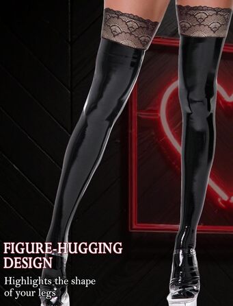 Чулки панчіхні жіночі високі над коліно з мереживом, лак шкіра, чорні. Сексуальний блискучий дизайн, антиковзаючі, для косплею, спідня білизна.