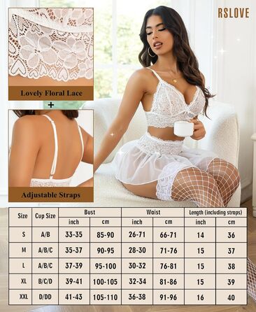 Жіночий комплект спідньої білизни RSOVE: мереживний топ-бюстгальтер, міні-спідниця з мереживом та стрінги. Розмір M, білий