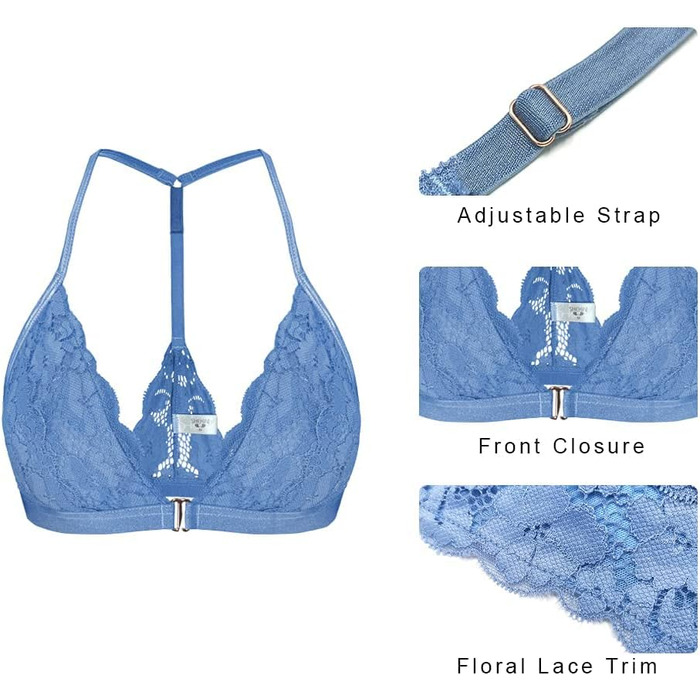 SHEKINI Безшовний бюстгальтер без кісточок з застібкою спереду, бралетт, мереживний, трикутник, з підкладкою, сексуальний топ-кроп, білий (синій, XL)