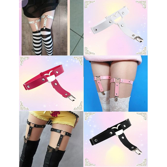 Жіночі шкіряні гетри на стегна, регульовані, з сердечками, з кліпсами, в стилі панк/готичний, для високих шкарпеток, 2 шт. чорні, 2 шт. з білою мереживом (2 шт. чорні, 2 шт. білі, 2 шт. рожеві сердечка)