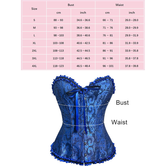 Корсет жіночий повномірний корсаж, топ-корсет готичний вінтажний, сатиновий квітковий з кісточками, бюстєль, корсетний топ для Хелловіну та карнавалу, S- (Темно-синій, XXL)