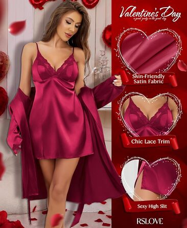 RSLOVE Комплект жіночого шовкового нічного одягу з мереживом - Сексуальна піжама, нігть, халат (L, Бордовий)