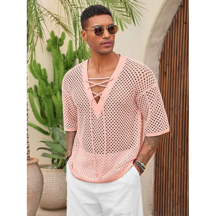 Чоловіча пляжна сорочка Runcati з шнурівкою, V-подібний виріз, в'язана, мереживна, прозора, літня сорочка (Рожева, L)