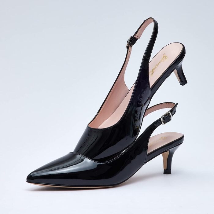 Жіночі елегантні туфлі-човники GENSHUO на низьких підборах (kitten heels) з відкритою п'ятою, чорний лак, розмір 42 EU