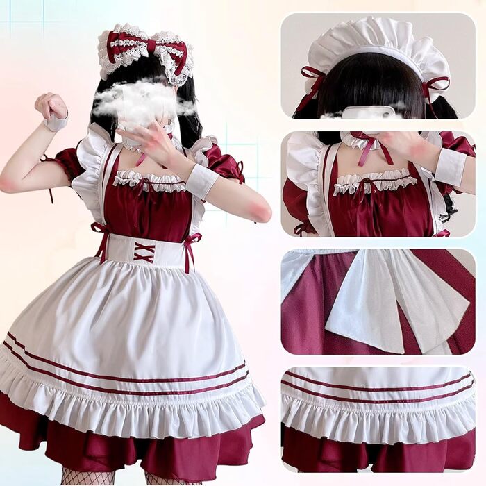 Костюм французької служниці: комплект для косплею, карнавалу та Хелловіну (червоний, XL)